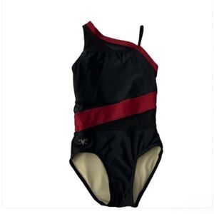 Kandi Kouture Girls Dance Leotard CM 5/6 Black Red One Shoulder Mesh USA